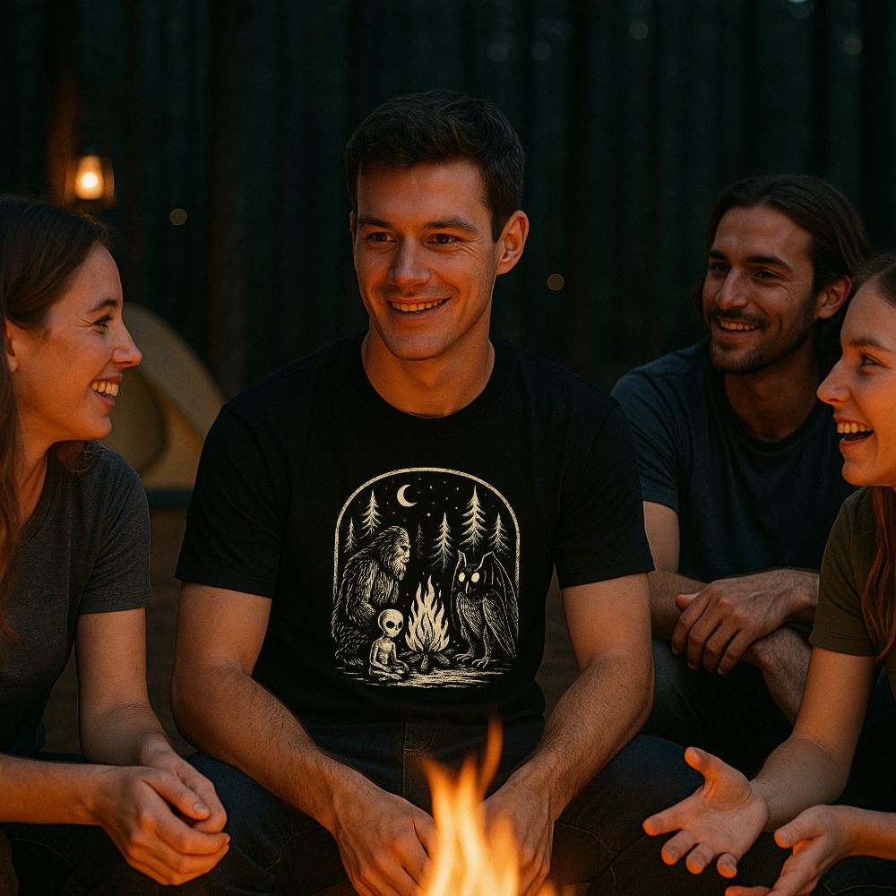Man wearing a black cryptid campfire T-shirt with Bigfoot, an alien, and a mothman illustration while sitting with friends around a campfire.