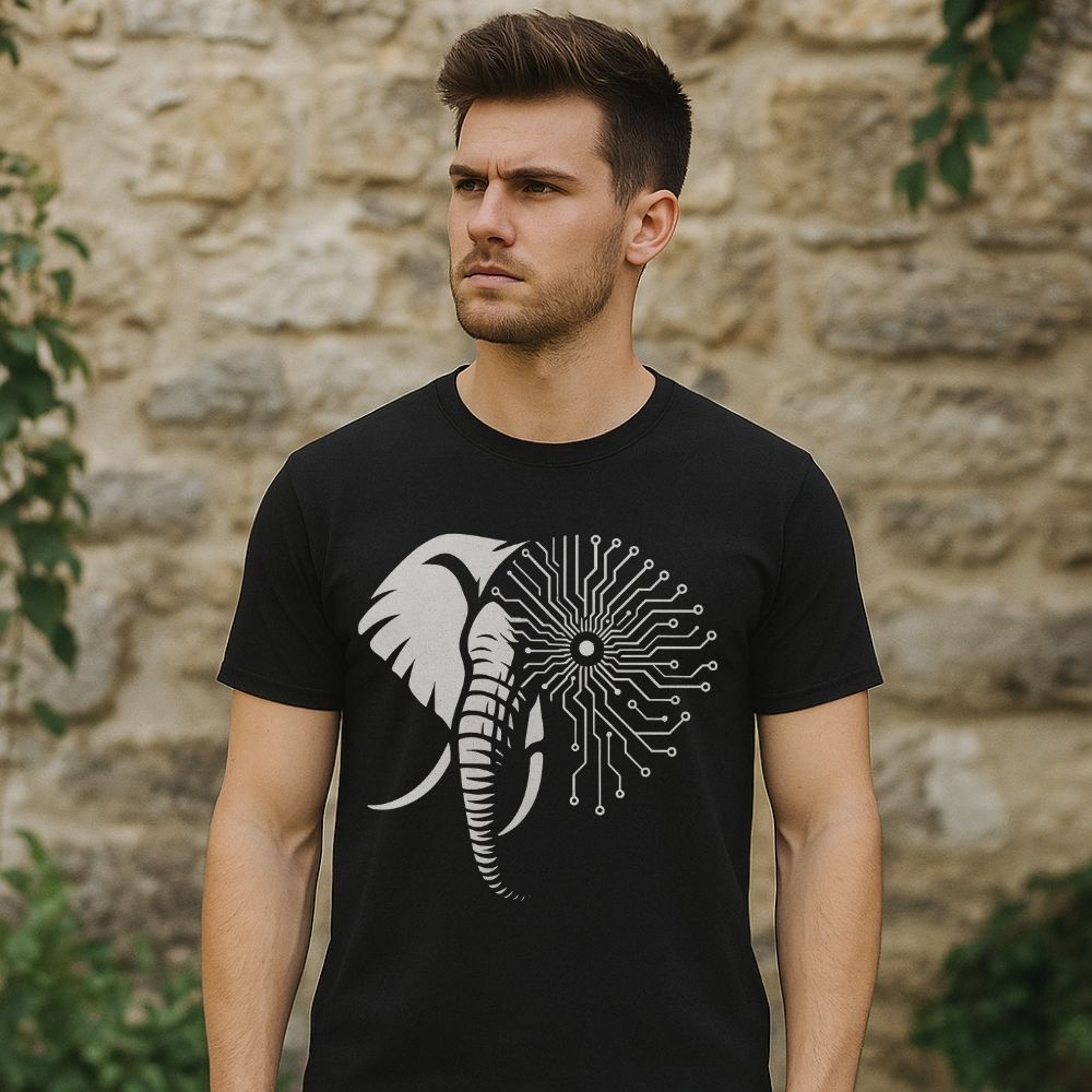 Man wearing Twistbug black t-shirt with cyber elephant design — half natural, half circuit pattern — standing near a stone wall.