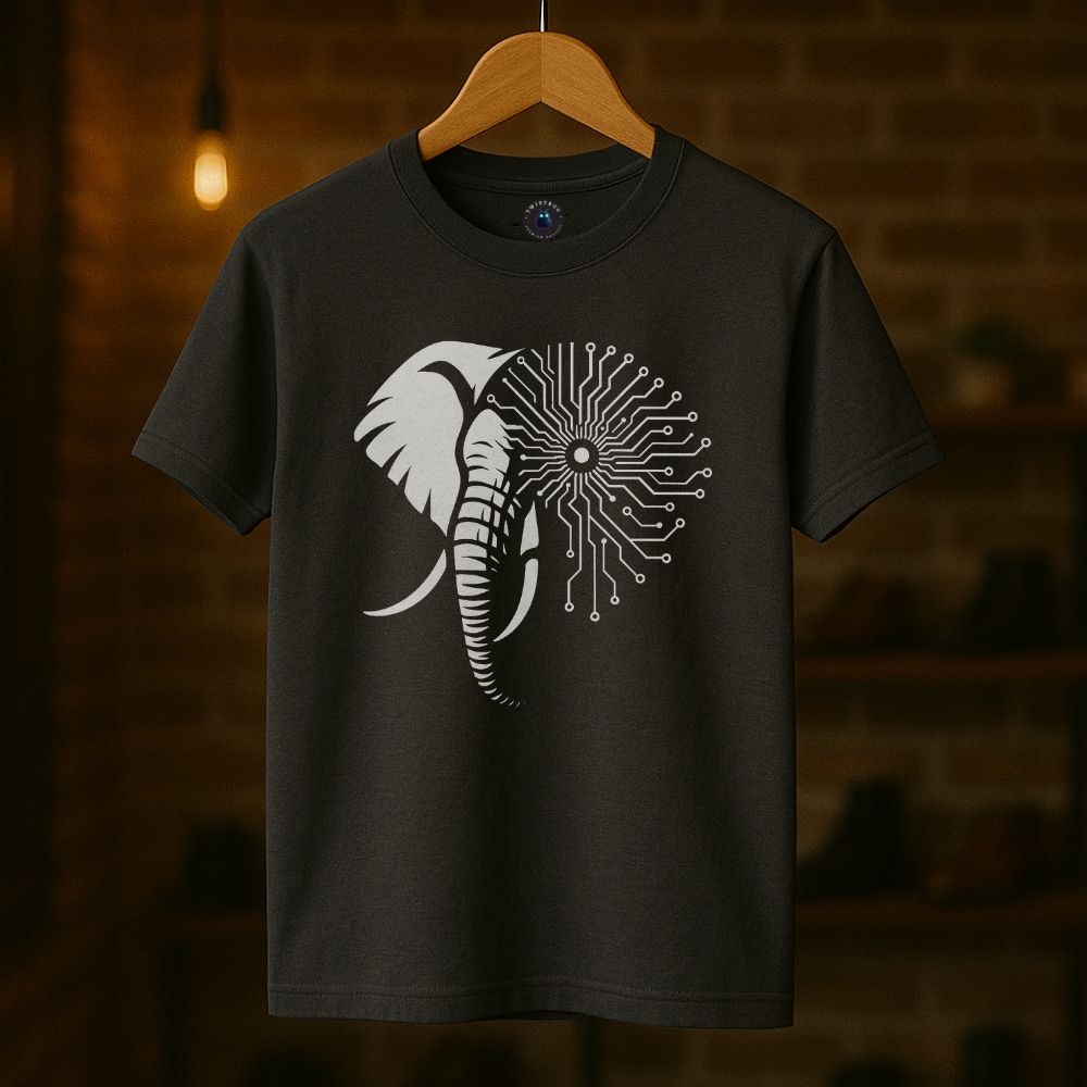 Charcoal Twistbug t-shirt on hanger with white cyber elephant and digital circuit pattern, moody boutique setting