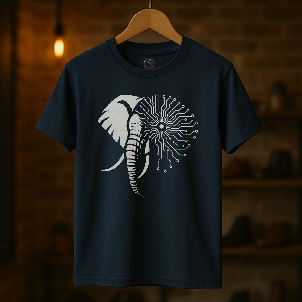 Navy Twistbug t-shirt on hanger showing futuristic elephant with half-face circuit pattern, boutique studio lighting
