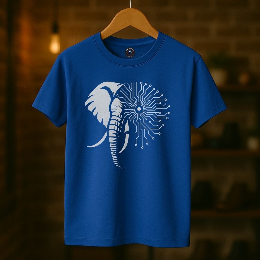 Royal blue Twistbug t-shirt on hanger featuring elephant and circuit hybrid design, warm boutique lighting.