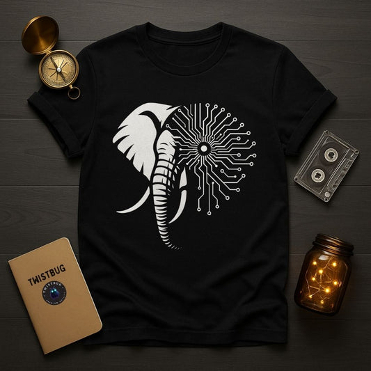 Black T-shirt with half elephant, half circuit board design, styled with vintage props on dark wooden background.