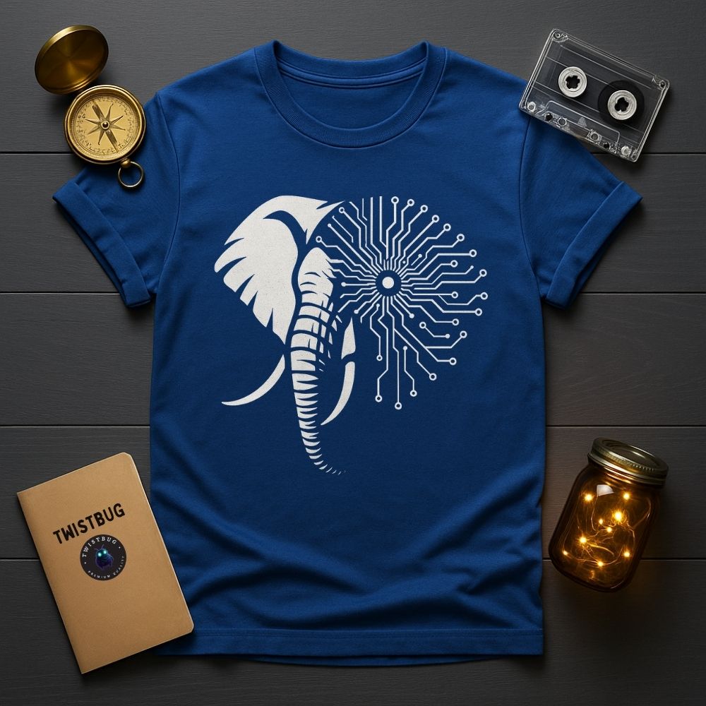 Royal blue T-shirt with futuristic circuit elephant graphic representing nature and AI fusion.