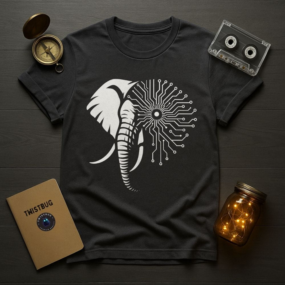 Charcoal gray tech nature T-shirt showing elephant fused with circuit pattern, minimalist flat lay aesthetic.