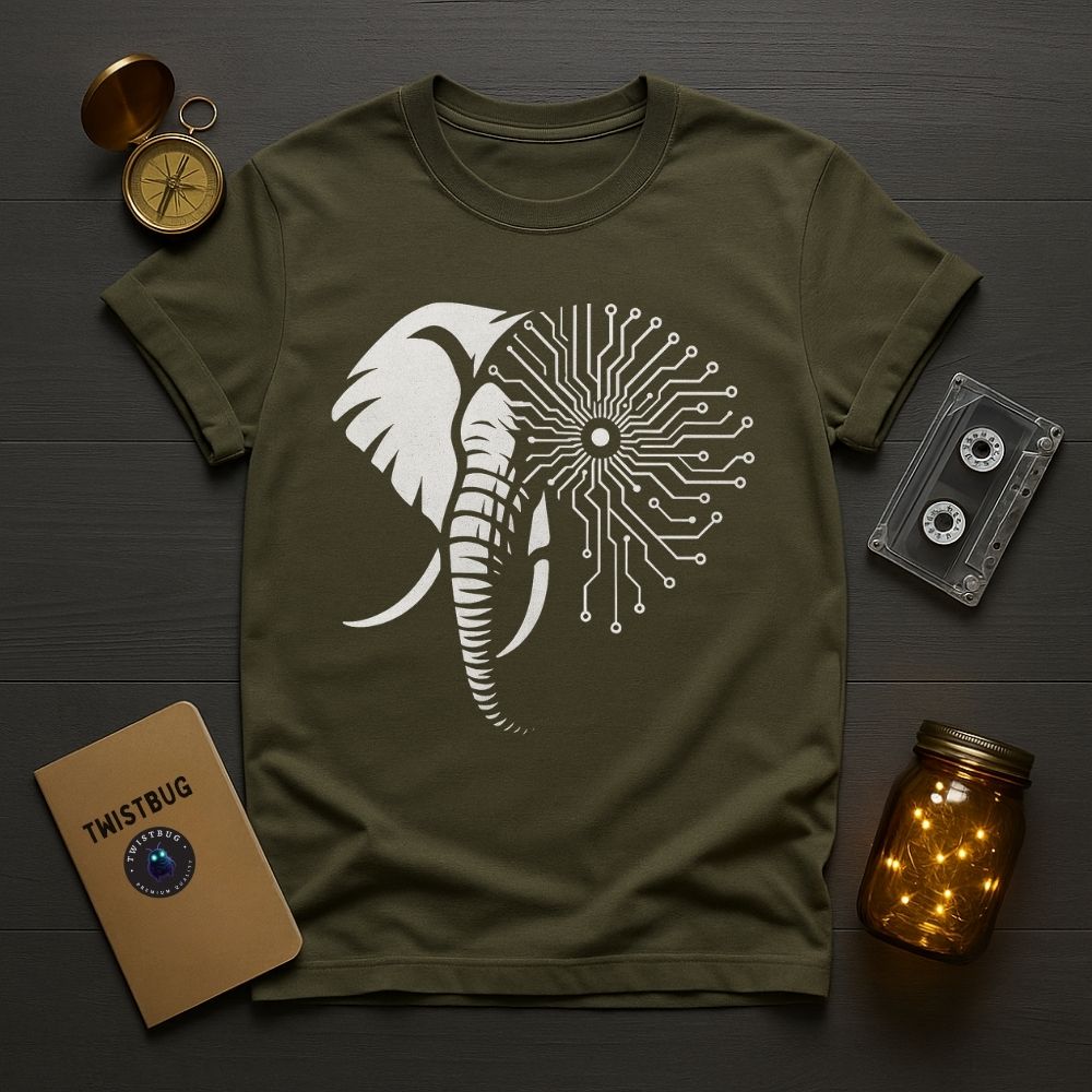 Military green elephant circuit design T-shirt symbolizing memory and technology, flat lay style.