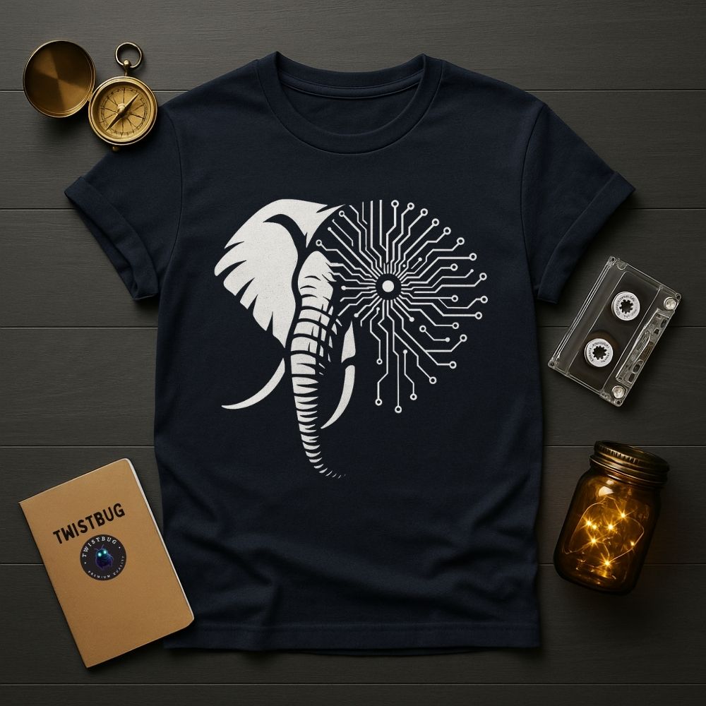 Navy blue Cyber Elephant T-shirt featuring tech-inspired wildlife design, modern desk styling