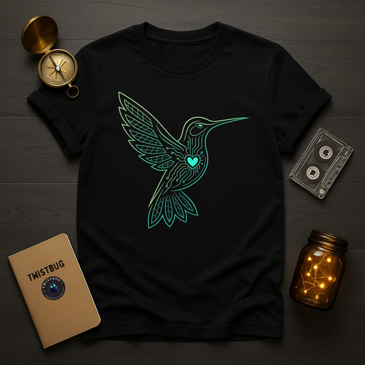 Black: “Black graphic tee—cyber hummingbird with glowing circuit heart”
