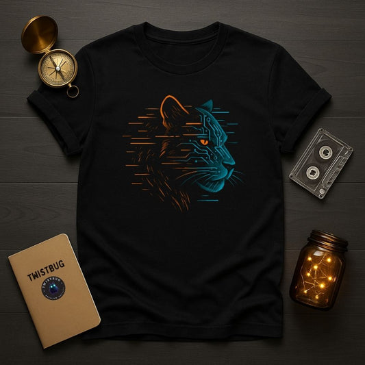 Black T-shirt featuring glowing teal and orange cyber lynx circuit design, futuristic animal art on dark wood flat lay.