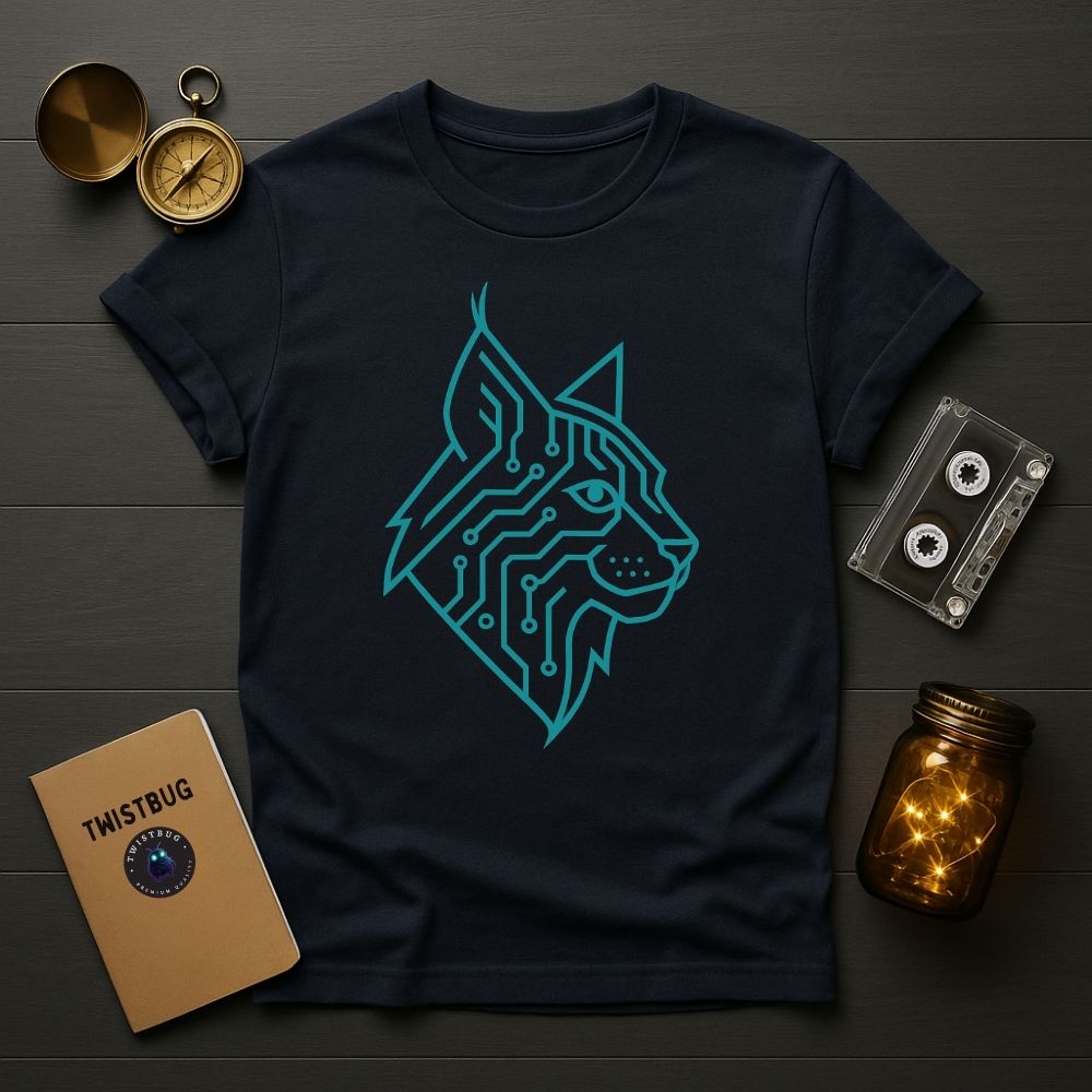 Navy blue T-shirt with futuristic lynx head made of circuit lines, symbolizing tech and instinct.