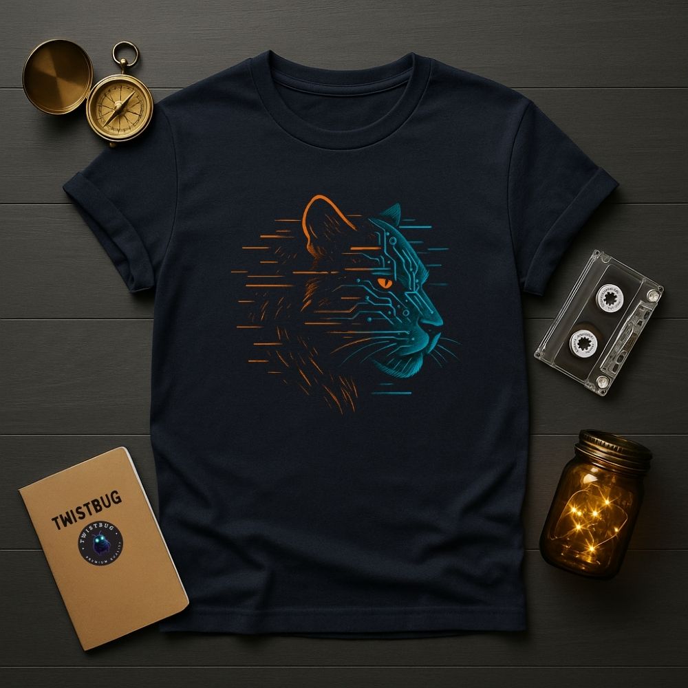 Navy blue T-shirt with cyan and orange cyber lynx circuit pattern, modern tech-nature fusion design styled flat lay.