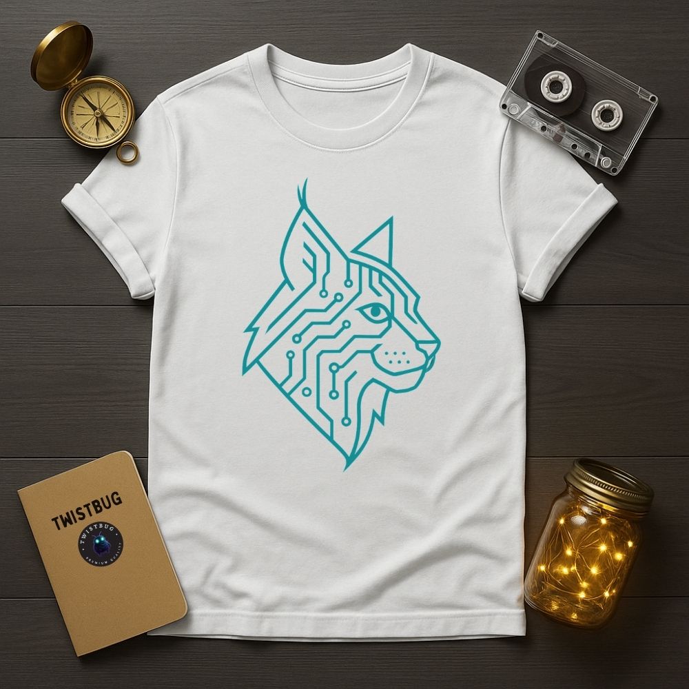 White T-shirt featuring minimalist turquoise cyber lynx design, futuristic animal artwork flat lay style.