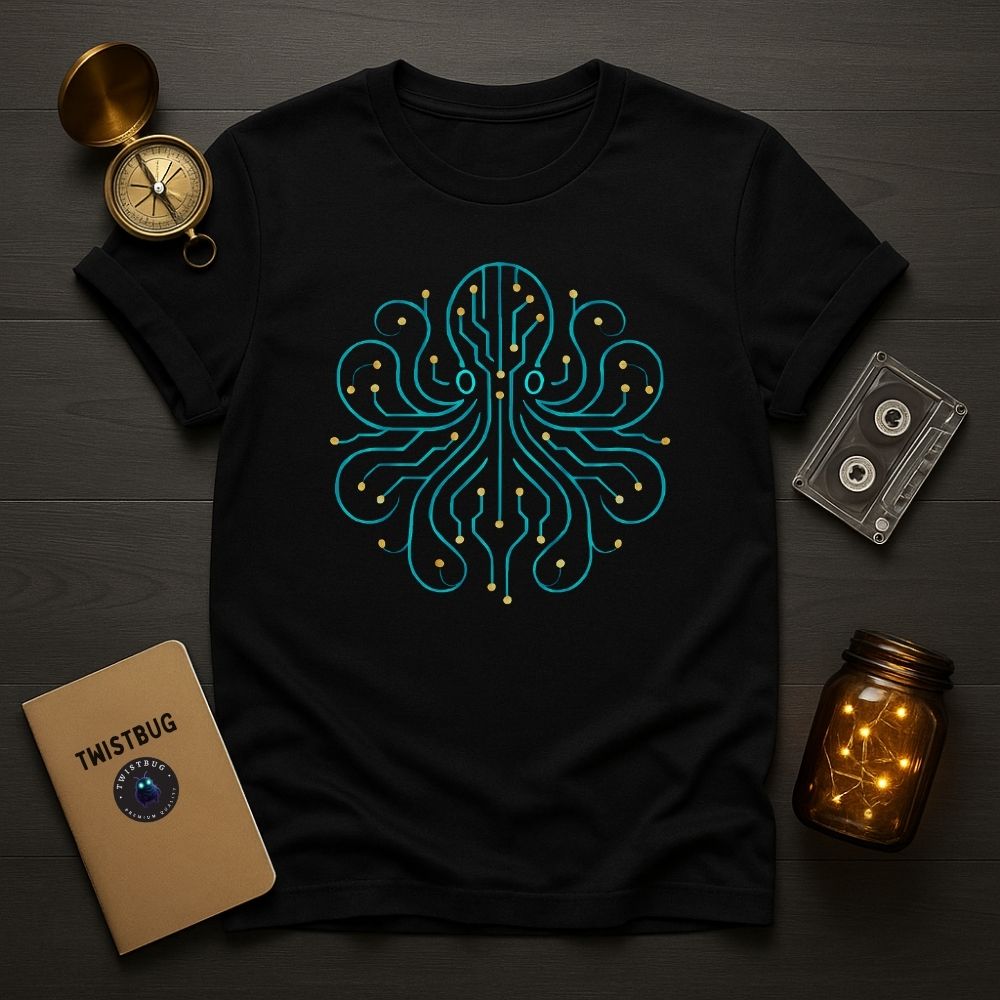 Black T-shirt featuring teal and gold cyber octopus circuit design, futuristic marine art flat lay on dark wood.