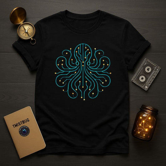 Black T-shirt featuring teal and gold cyber octopus circuit design, futuristic marine art flat lay on dark wood.