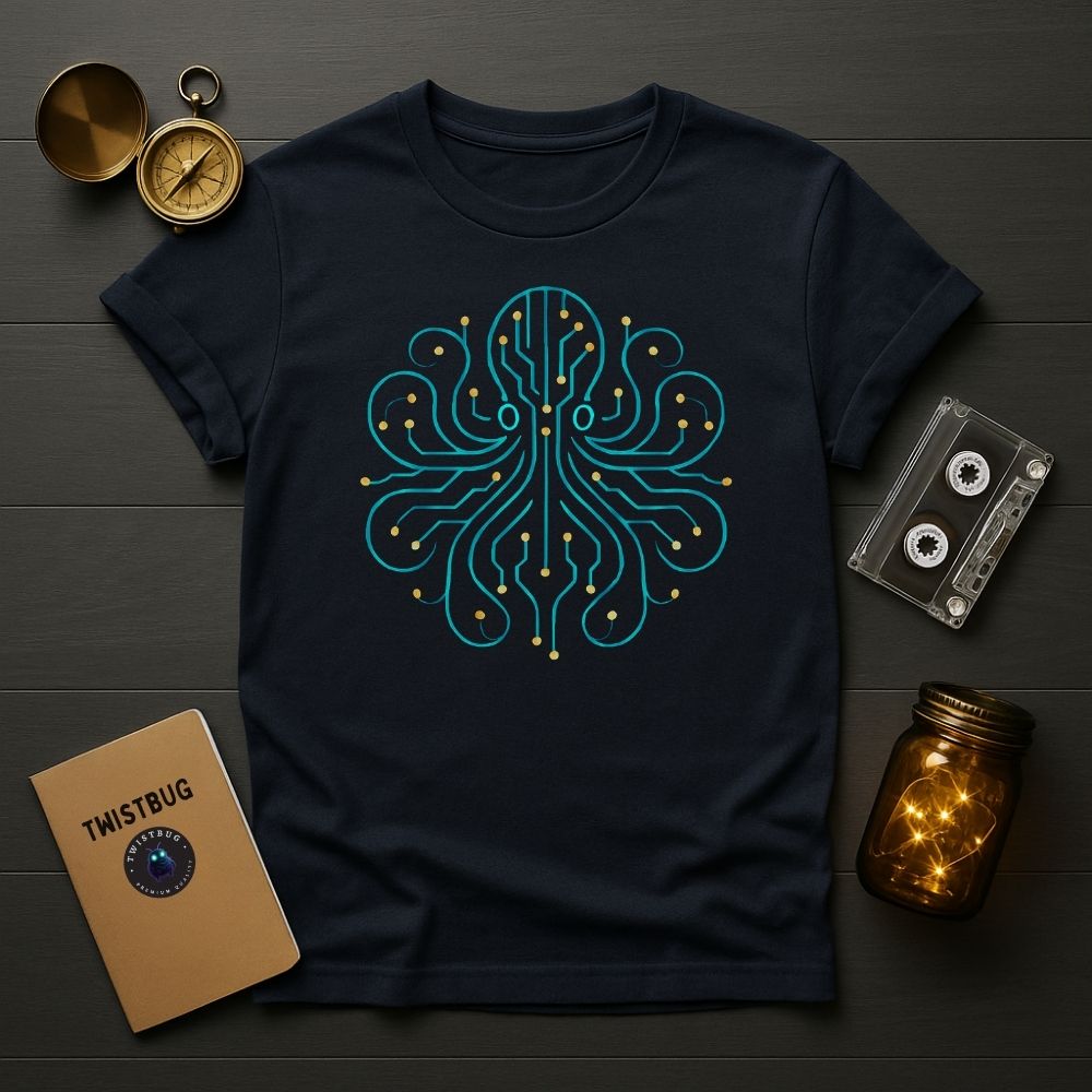 Navy blue T-shirt with glowing teal and gold circuit octopus graphic, ocean-tech fusion design styled on flat lay.