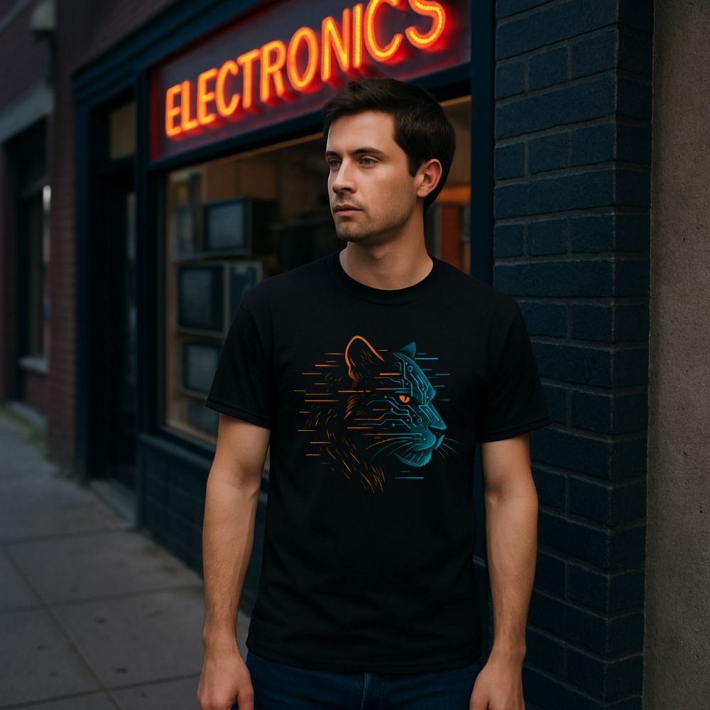 Twistbug men’s black graphic tee showing teal-orange cyber lynx outline, urban sidewalk under neon lights