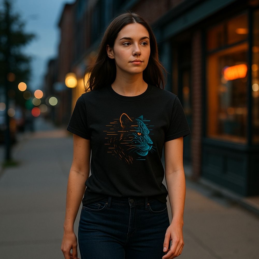 Woman wearing Twistbug black t-shirt with teal-orange cyber lynx line art, walking on a city street at dusk