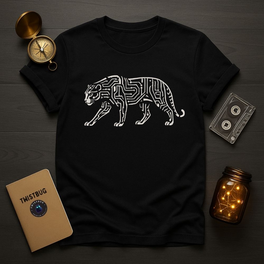Black T-shirt with white circuit-line tiger design, futuristic animal art styled on dark wood with compass and notebook.