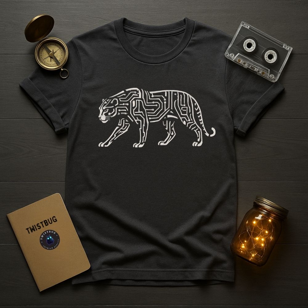 Charcoal gray T-shirt featuring minimalist cyber tiger circuit pattern, flat lay with warm lighting.