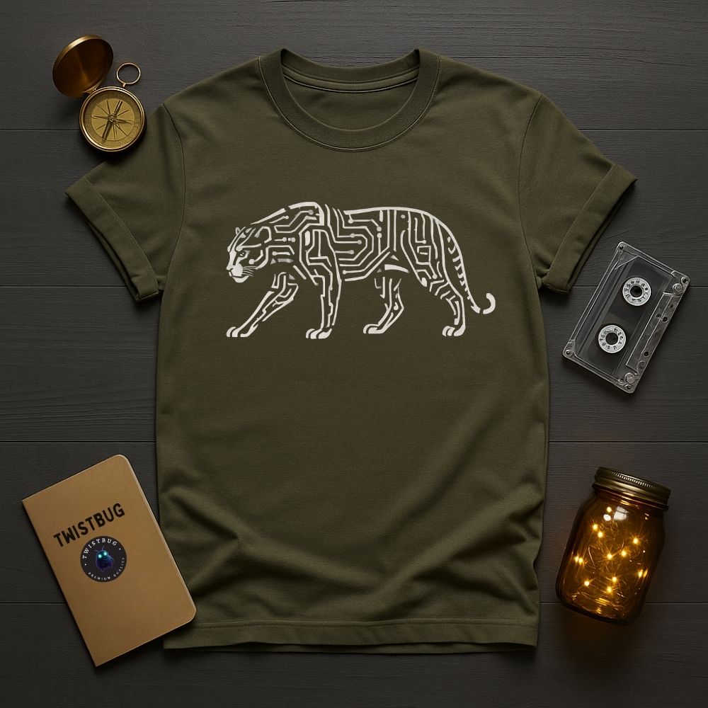 Military green cyber tiger T-shirt with geometric circuit pattern, nature-tech aesthetic.