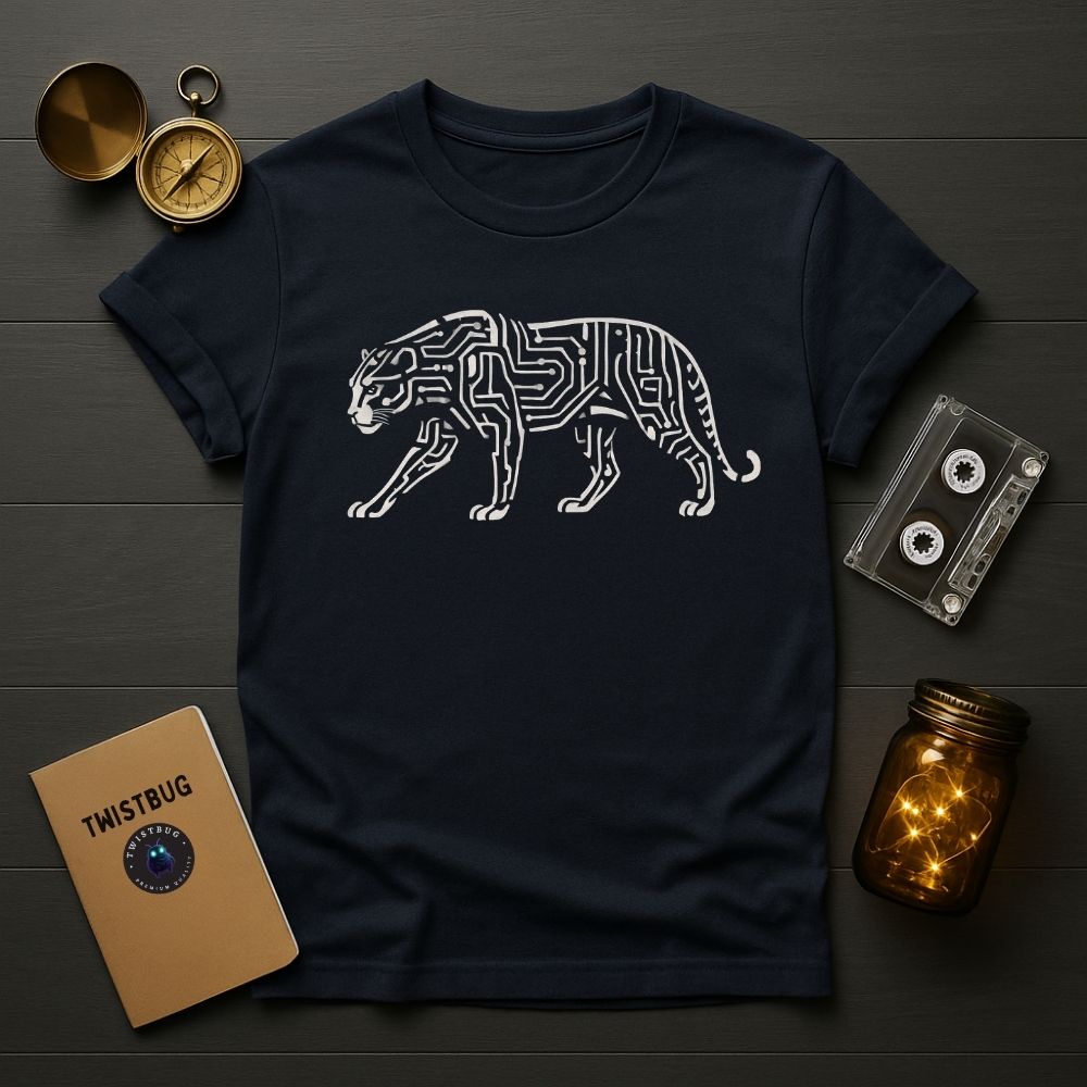 Navy T-shirt featuring sleek circuit-line tiger design, symbolic of strength and technology.