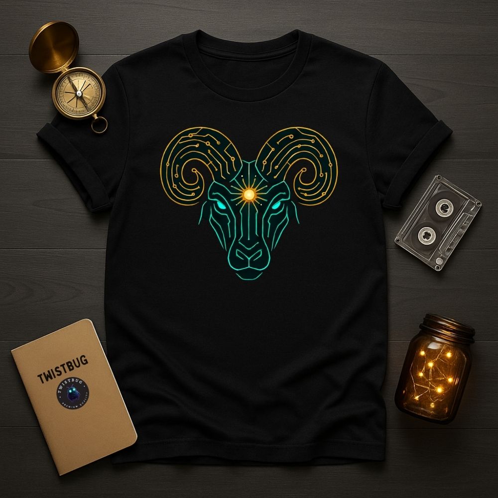 Black T-shirt featuring glowing teal and gold cyber ram design, futuristic circuit art flat lay on dark wood background.
