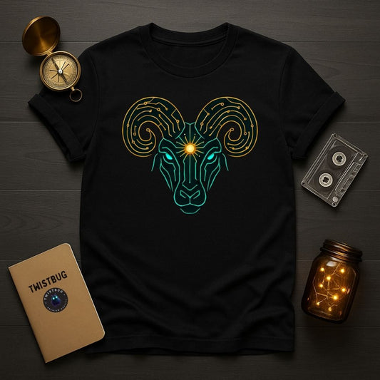 Black T-shirt featuring glowing teal and gold cyber ram design, futuristic circuit art flat lay on dark wood background.