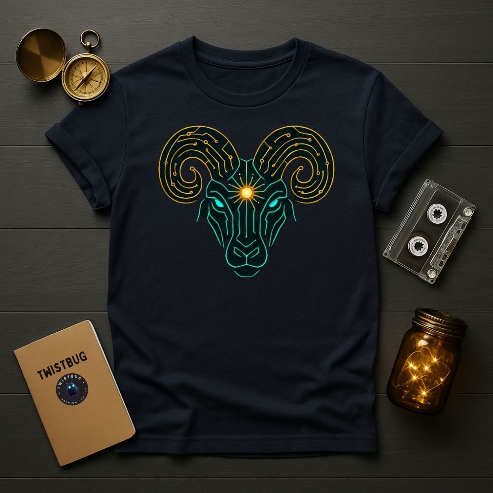 Navy blue T-shirt with teal and gold cyber ram circuit pattern, minimalist tech-animal design styled in modern flat lay.