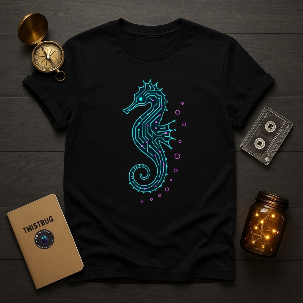 Black T-shirt featuring teal and magenta cyber seahorse circuit design, futuristic marine artwork flat lay on dark wooden background.
