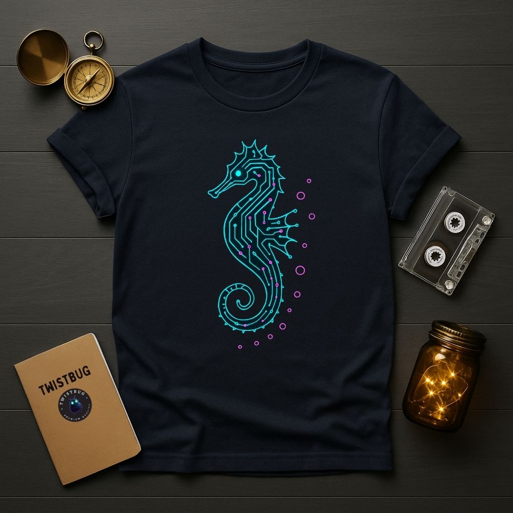 Navy blue T-shirt with glowing teal cyber seahorse design and magenta circuit accents, minimalist tech-ocean theme.