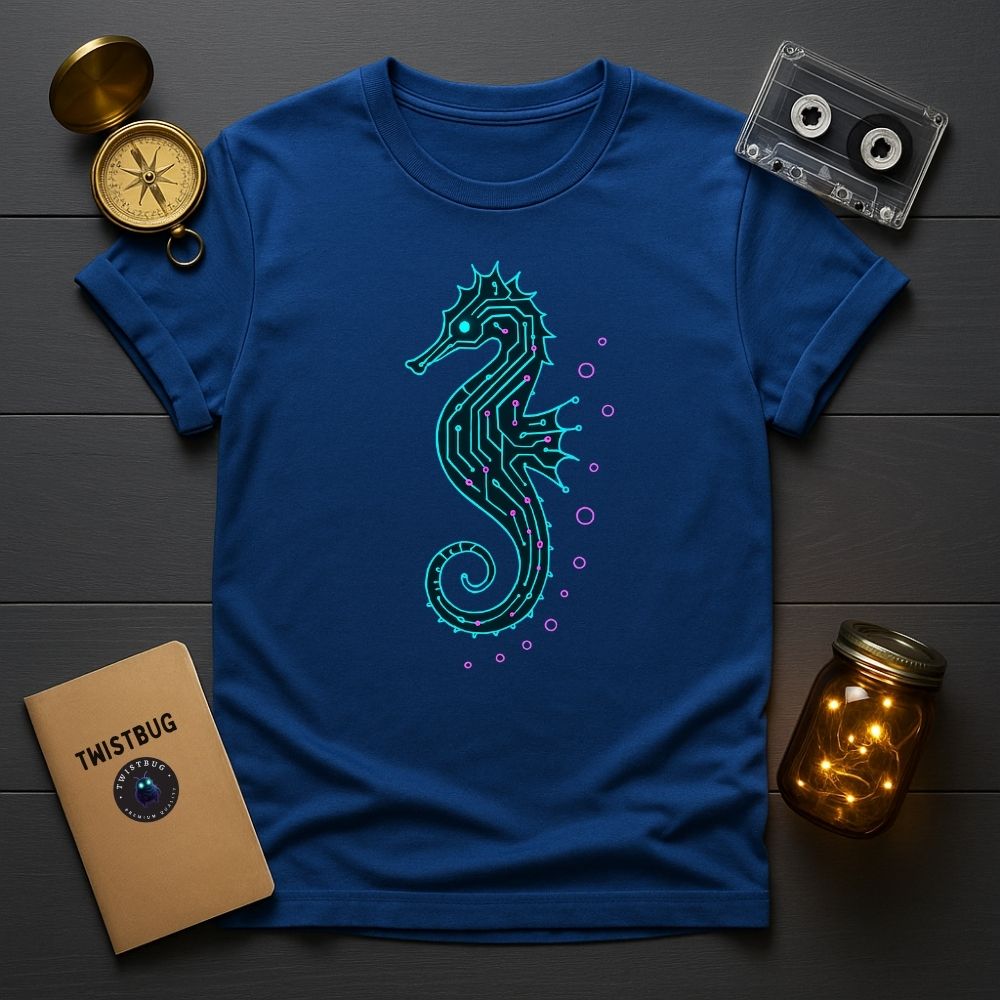 Royal blue futuristic seahorse T-shirt with neon teal circuit pattern, digital sea life design in oceanic tone.