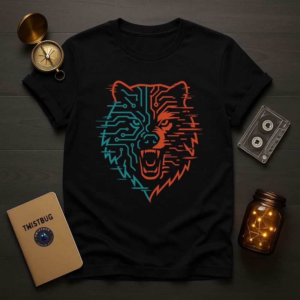 Black T-shirt featuring glowing orange and teal cyber wolf head design, styled flat on dark wood background with vintage props.