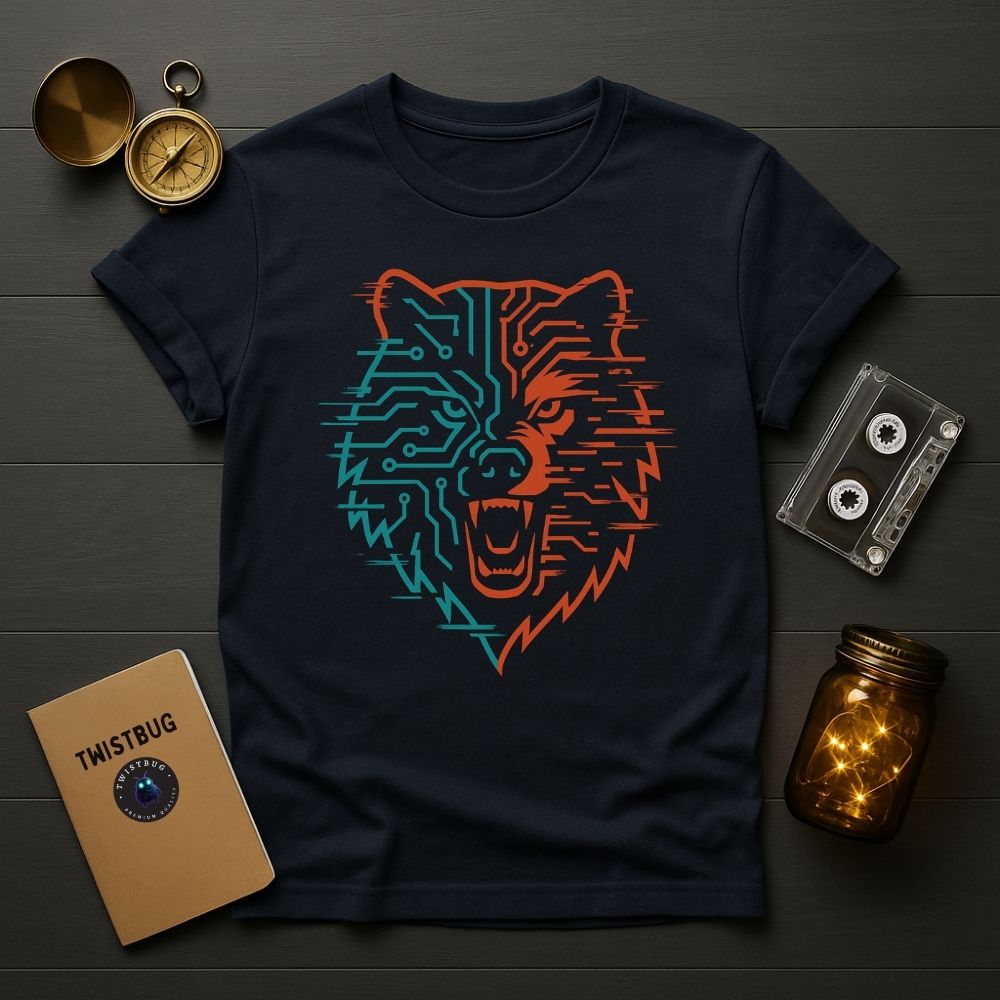 Navy blue T-shirt with futuristic wolf head made of orange and teal circuit lines, modern flat lay setup.