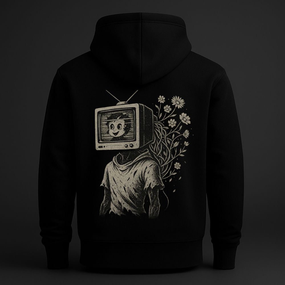 Back view of black hoodie featuring a surreal TV head figure with floral vines, symbolic weirdcore streetwear design