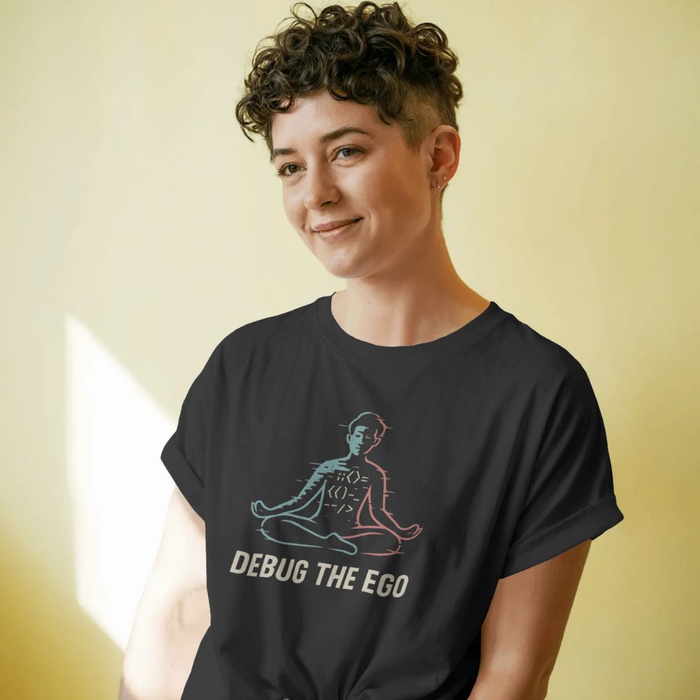 Woman wearing black “Debug the Ego” T-shirt with serene meditating coder illustration, soft yellow studio lighting.
