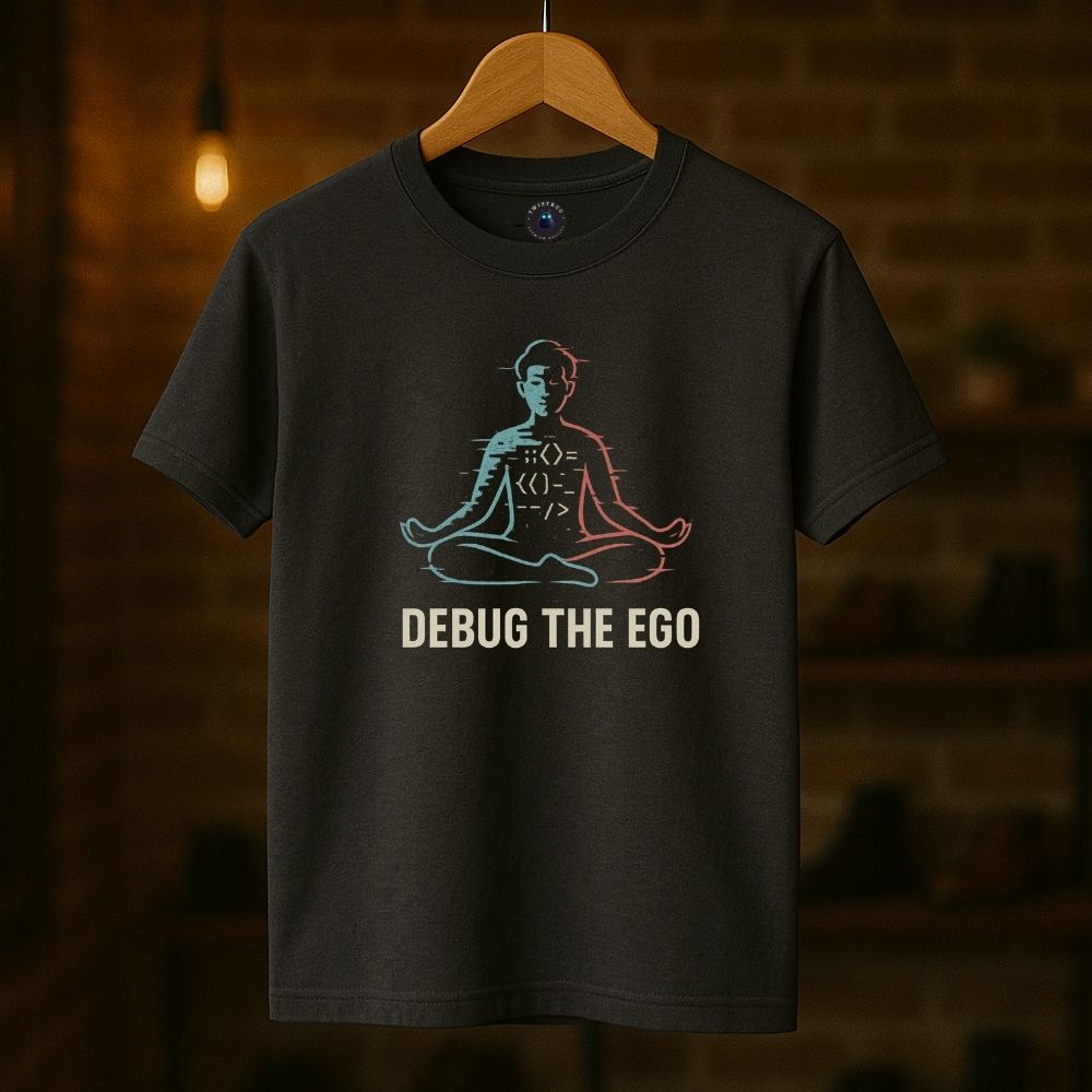 Charcoal Twistbug T-shirt hanging under warm light showing minimalist coder meditation art, “Debug the Ego” text.