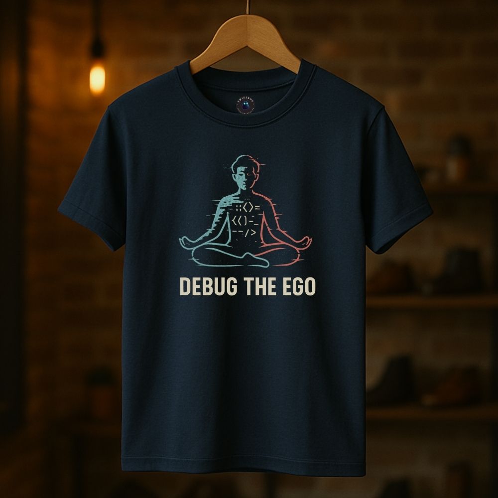 Navy T-shirt on hanger with serene meditating coder graphic and “Debug the Ego” typography, soft shop lighting