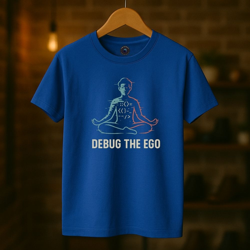 Royal blue T-shirt hanging in boutique featuring tech-mindfulness design “Debug the Ego.”