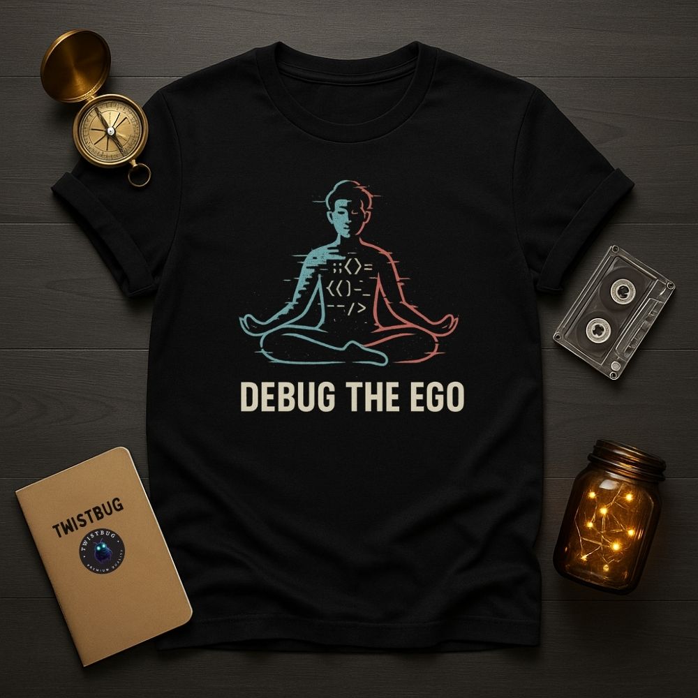 Debug the Ego t-shirt in black — glitched meditating figure with code symbols, flat lay with compass, cassette, and jar lights