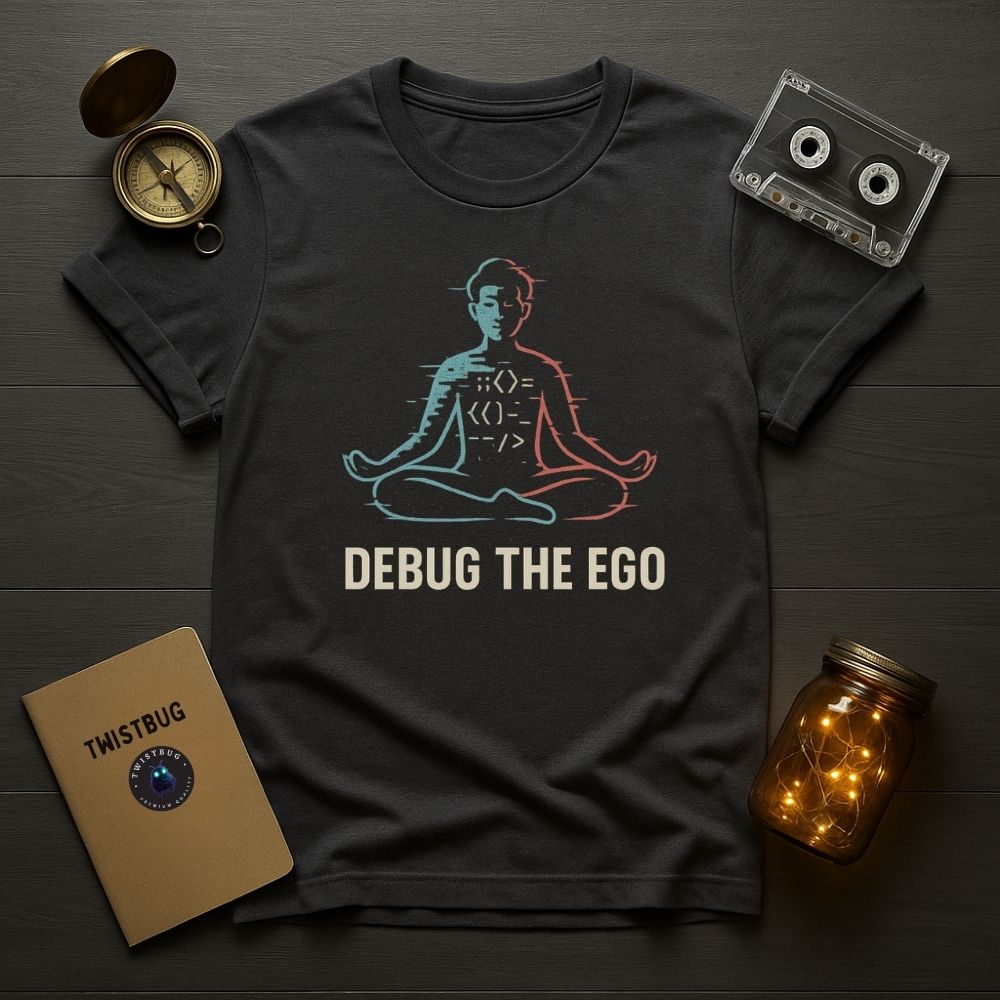 Debug the Ego tee in charcoal — meditation glitch art design with coding symbols, flat lay style