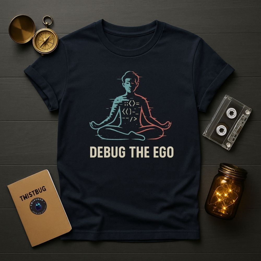 Debug the Ego shirt in navy — glitched meditating figure graphic, coding symbols, flat lay with accessories