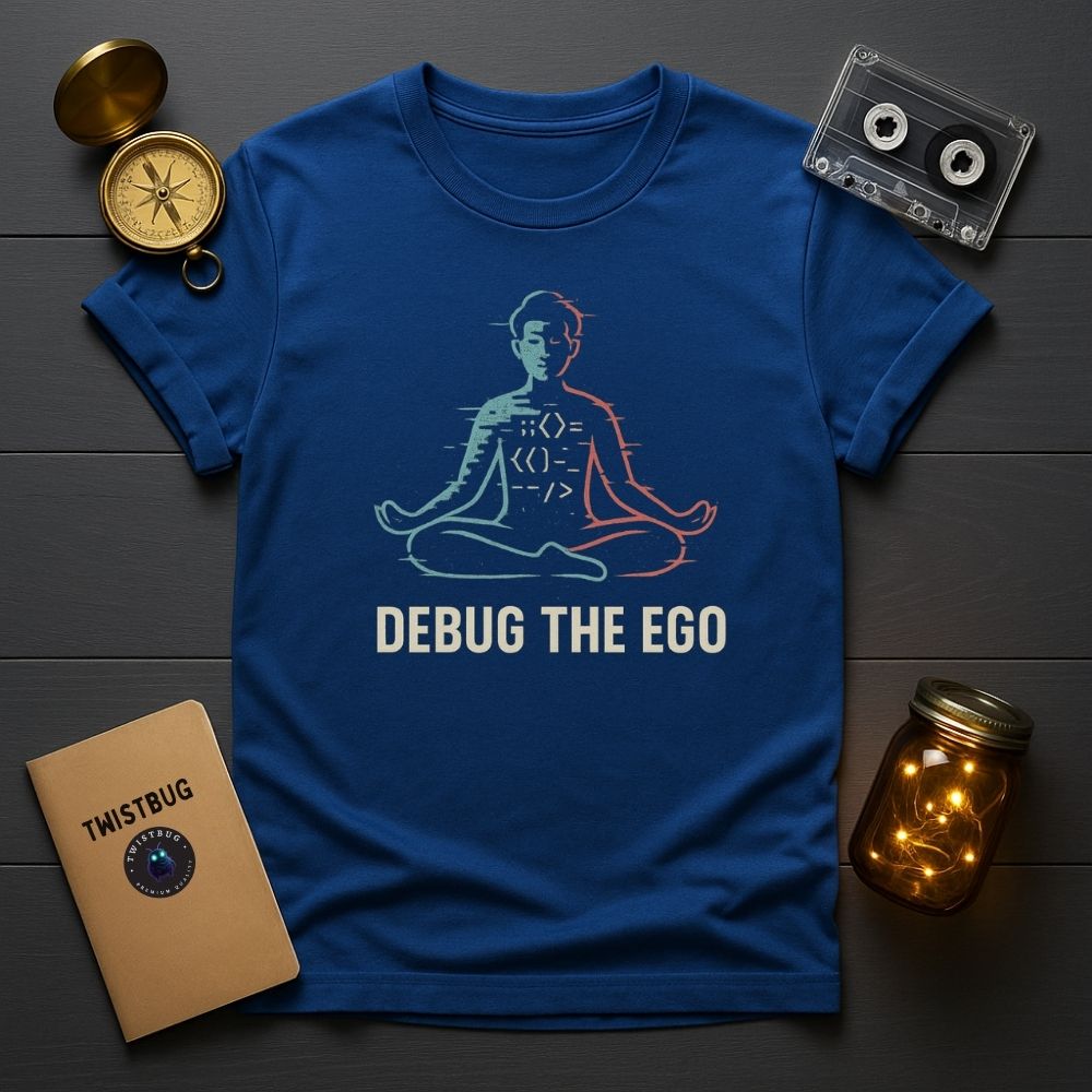 Debug the Ego t-shirt in royal blue — glitch art meditation design, tech-inspired, flat lay style