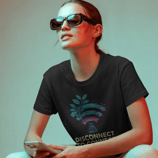 Woman wearing black “Disconnect to Connect” T-shirt with glitch plant design, futuristic teal-red lighting.