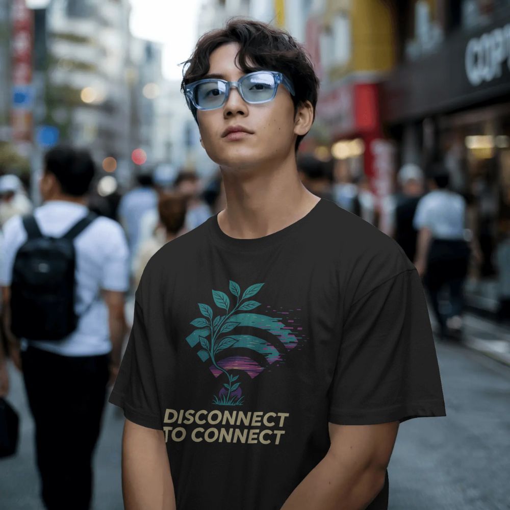 Man wearing black “Disconnect to Connect” T-shirt with digital plant WiFi design, standing in busy city street.