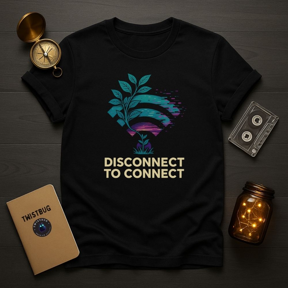 Flat lay of black T-shirt with glitch Wi-Fi symbol growing from a plant and the text “DISCONNECT TO CONNECT,” styled with brass compass, cassette, Twistbug notebook, and jar of warm fairy lights on dark wood.