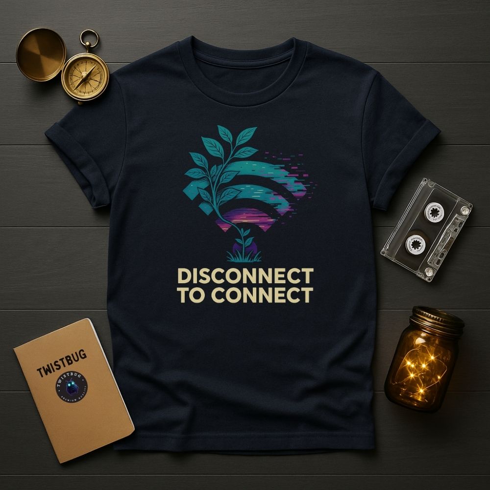 Navy T-shirt with glitch Wi-Fi plant design and “DISCONNECT TO CONNECT,” surrounded by compass, cassette tape, notebook, and jar lights, flat-lay style.