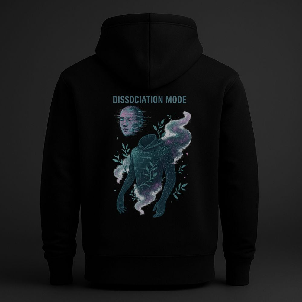 Black unisex hoodie with Dissociation Mode design shown in clean studio lighting, full back view