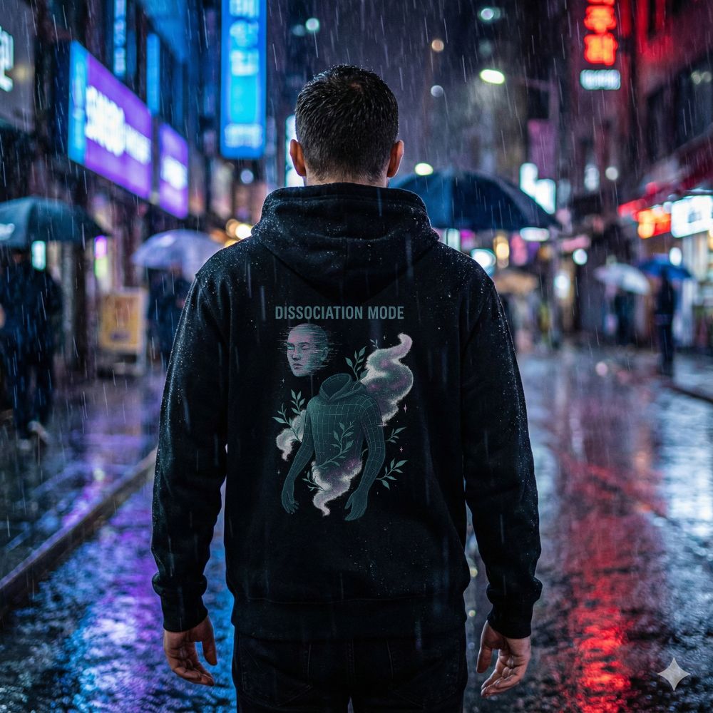 Man wearing Dissociation Mode hoodie standing in a rainy neon-lit street, surreal psychological streetwear aesthetic