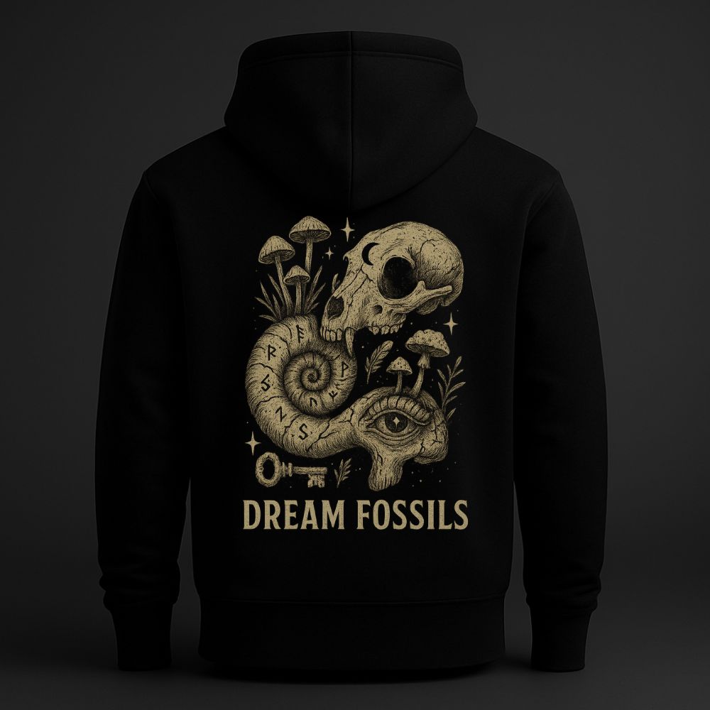 Back view of black hoodie featuring a symbolic skull, ammonite fossil spiral, mushrooms, and key, surreal weirdcore graphic