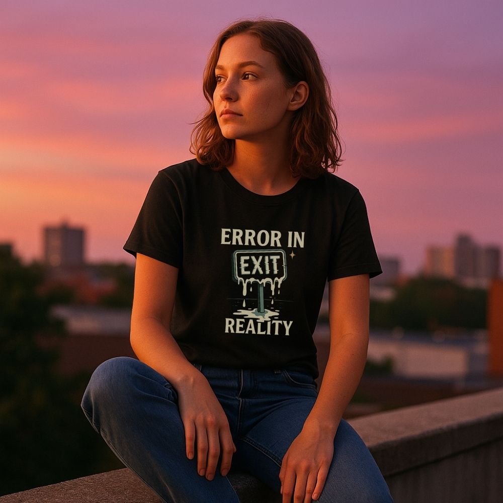 Woman on a rooftop at sunset wearing a Twistbug black t-shirt reading ‘Error in Exit Reality’ with a dripping exit sign illustration.