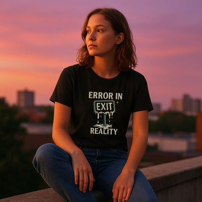 Woman on a rooftop at sunset wearing a Twistbug black t-shirt reading ‘Error in Exit Reality’ with a dripping exit sign illustration.